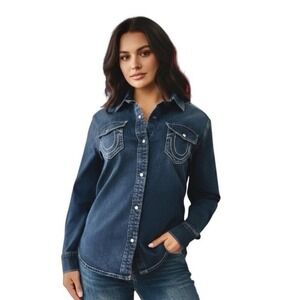 True Religion Georgia Denim Glitter button Shirt Medium Cozy Fireside Wash large